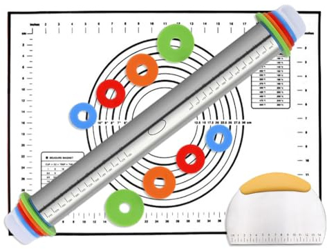 Hitopin Rouleau à Pâtisserie Réglable,Rouleau à Pâtisserie Réglable en Acier Inoxydable, Ensemble de Tapis de pâtisserie en Silicone,Tapis Silicone Antiadhésif avec Raclette,pour Pizza Pâtes Biscuits