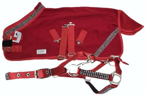 Glitzer Abschwitzdecke + Halfter Set Rosa Rot Schwarz 70 80 90 100 cm Minishetty Shetty Glitzerhalfter Fleece Decke (Rot, 90 cm)