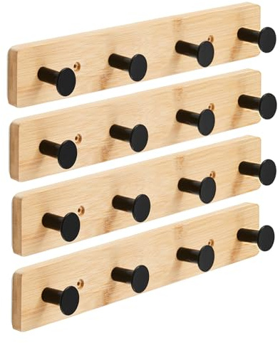 Alex Nash Bamboo Coat Rack - Wall Mounted Coat Hooks with 4 Metal Pegs - Heavy-Duty Wooden Clothes Hook Rail for Hallway, Bedroom, Bathroom with Fixings Included - Black/White, 1/2/4 Pack (4, Black)