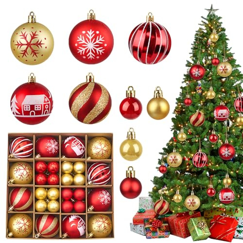 44 Stück Weihnachtskugeln Rot Gold Set, 3cm & 6cm Christbaumkugeln Kunststoff, Christmas Baubles, Bruchsichere Kunststoff Deko Kugeln für Weihnachtsbaum & Festliche Deko