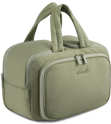 LOVEVOOK Kulturtasche Damen Groß, Leichte Reise Kosmetiktasche Weit Offene Kulturbeutel mit Nassfach, wasserdichte Waschtasche Make up Tasche Beauty Case mit Griff für Reisen Urlaub, Grün