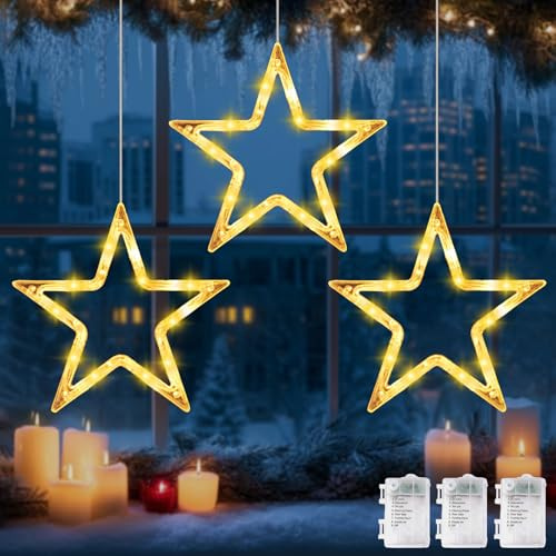 CHENBOOW Rideau Lumineux Étoilesm,3 Pièces Fenêtre Décorative de Noël 30cm,Leds Éclairage Intérieur Extérieur Rideau Lumière Décorative,Étoile Guirlande Lumineuse,pour Intérieur de Noël,Fête