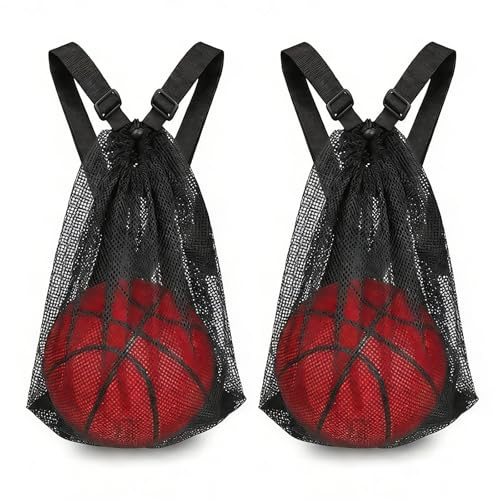 VQBKHO 2Stück Korbball Mesh Taschen, 48 * 37cm Ballnetz Ballsack, Netzbeutel Kordelzug Turnbeutel, Basketball Tasche zum Aufhängen, Mesh Strandtasche Rucksack Bag, Ball Netztasche Tragbare Faltbar
