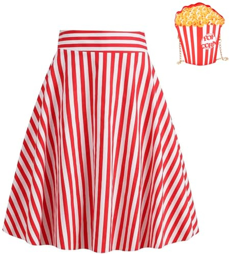 Rock Damen Rockabilly Kleider Rote Und Weiße Streifen Plissee Hohe Taille Skirt Popcorn Kostüm Trachtenrock Rosa Schwarz Swing Elastischem Tellerrock Midirock 1950er A Linie Rock Faltenrock Rot Xs XL
