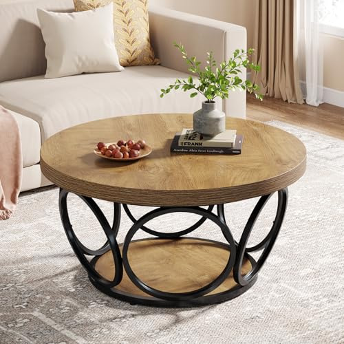 Tribesigns Runder Couchtisch, 80 cm Runder Holztisch, Bauernhaus Große Runde wohnzimmertisch mit 2-Ebenen Lagerung, Moderne Einfache Braune Teetisch (Hellbraun)