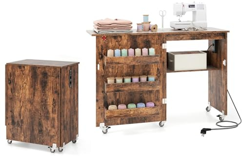 KOMFOTTEU Klappbarer Näh-Tisch mit Ladestation, 3 versteckten Fächern, mobiler Näh-Schrank, 3 feststellbare Rollen, Schrank für Nähmaschine, für Zuhause, Atelier, Bastelraum (Industrial)