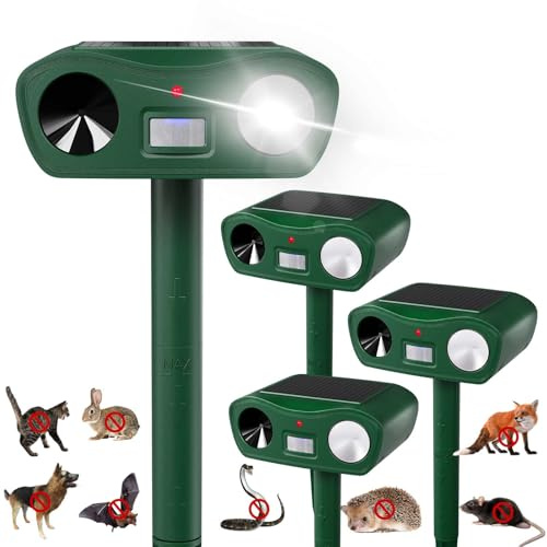 Répulsif à ultrasons Solaire pour Animaux avec lumière stroboscopique – Anti-Taupes, répulsif pour Chats de Jardin – Efficace Contre Chats, Chiens, fouines, Oiseaux – Lot de 4 pièces