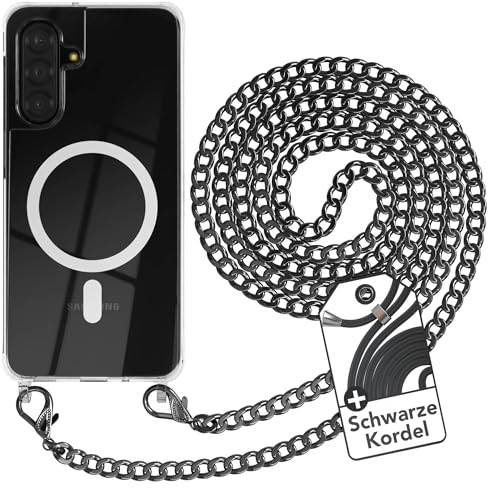 EAZY CASE - Handykette kompatibel mit Galaxy A17 Kette zum Umhängen Stoßfest Handyhülle für Galaxy A17 Silikon Hülle mit Band aus Metall Transparent als Fallschutz in Anthrazit