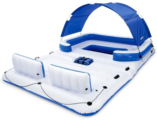 Bestway CoolerZ Tropical Breeze Party Island, Large 6 Person Adult Inflatable Lounger Lake Float w/ Cooler Bag, Cup Holders, & Detachable Sun Shade