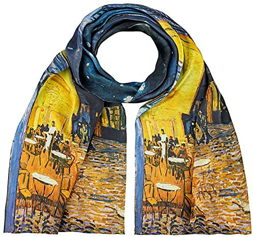 VON LILIENFELD Schal Damen 100% Seide Vincent van Gogh: Nachtcafé Kunst Motiv Halstuch Seidenschal Seidentuch Kanten handgerollt 172 x 42 cm