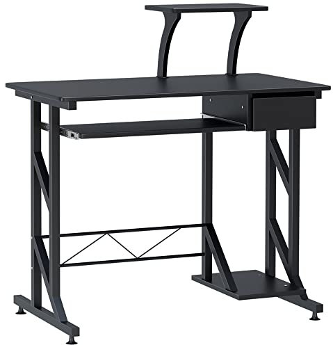 HOMCOM Bureau Informatique Table d'Ordinateur avec Rangement Multifonctionnel Bureau Noir en Bois 90 x 50 x 100 cm