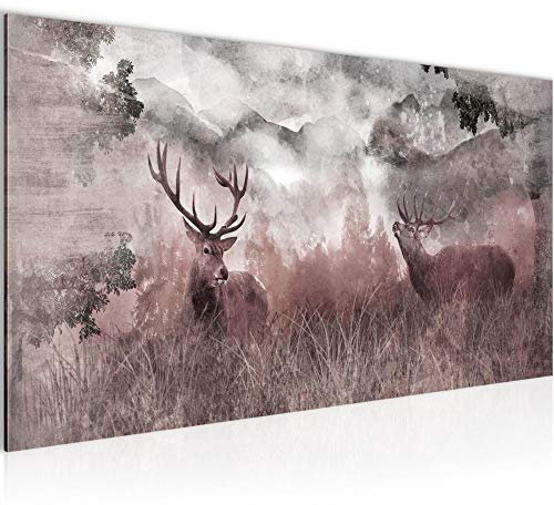 Runa Art Wandbild Hirsch Natur 1 Teilig 100 x 40 cm Modern Bild auf Vlies Leinwand Waldtiere Wohnzimmer Schlafzimmer Grau Rosa 011412b