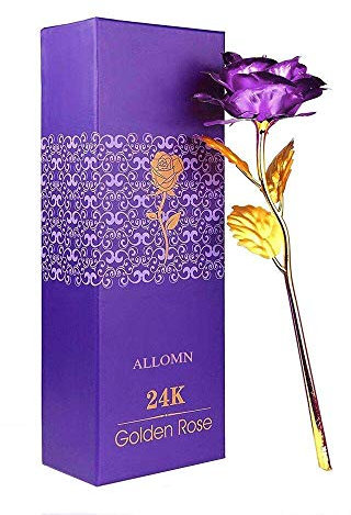 WeFoonLo Creative Artificial 24K Gold Rose Flower Plastic Real Rose immerso in Oro con Confezione Regalo per la Festa della Mamma, Compleanno, Giorno del Ringraziamento (Viola)