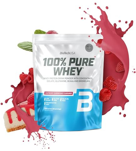 BioTechUSA 100% Pure Whey | Proteína en Polvo con BCAA y Glutamina | Sin Gluten, Sin Aceite de Palma, 1 kg, Tarta de queso con frambuesas