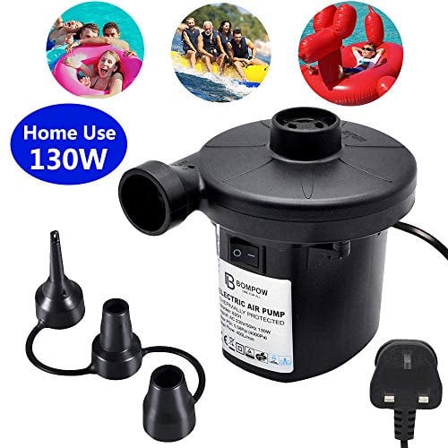 BOMPOW Electric Pump for Inflatables with 3 Nozzles, Air Pump for Air Mattress, Paddling Pool, UK 3 Pin Plug, AC 230V / 130W