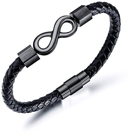 Feilok Lederarmband Herren Armband Unendlichkeit Infinity für Immer Zusammen Männer Leder Edelstahl Schwarz Geflochten mit Magnet Verschluss
