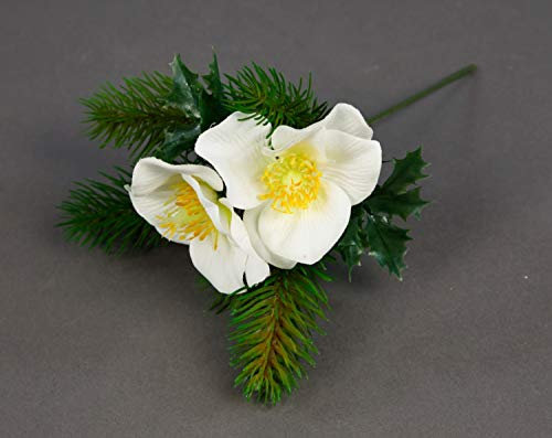 Seidenblumen Roß 12 Stück Christrosen- Tannenpick 22cm weiß PM künstliche Christrose Helleborus Blumen Kunstblumen Tannenzweig