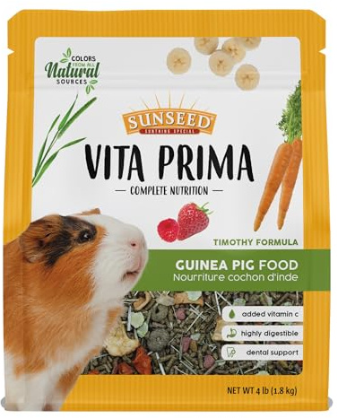 Sunseed Vita Prima Guinea Pig Food 4 lbs. with Timothy Hay, Alfalfa, Vegetables, Seeds Grains, and Added Vitamin C for Wholesome Daily Nutrition and Enriched Small Animal Diet
