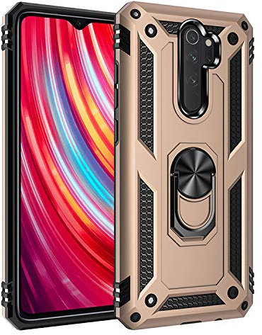 BestST Funda para Xiaomi Redmi Note 8 Pro, +HD Protector Pantalla,con Anillo Soporte, Antigolpes Rígida Robusta Carcasa Resistente al Impacto Militar Duradera Blindada Fuerte de Seguridad,Oro