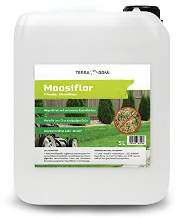 Terra Domi Moosiflor 5 Liter + innovatives Sprühsystem I Flüssigdünger mit Eisen abgestimmt auf vermooste Rasenflächen I Eisendünger für Rasen mit viel Moos