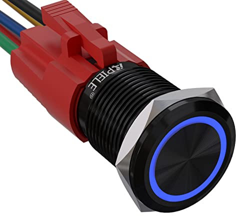 APIELE 16MM Verriegelung Druckschalter 12VDC 5A, Schwarz Aluminiumlegierung mit LED Ringbeleuchtung wasserdicht Latch Drucktastenschalter, Auto RV LKW Boot EIN/AUS Taste Schalter (Blau)