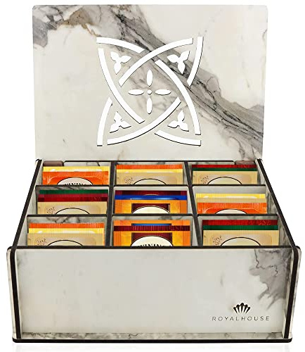 RoyalHouse Premium Wood (Hard MDF) Tee-Aufbewahrungsbox Organizer (Marmor), umweltfreundliche multifunktionale dekorative Box, 9 Fächer für verschiedene Teebeutel und kleine Gegenstände