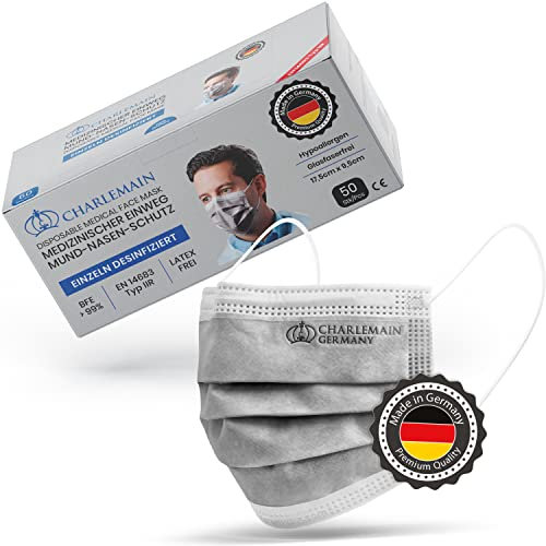 Charlemain 50x Mascherina Chirurgica, Made In Germany, EN 14683 Tipo IIR, Certificata Ce, Protezione Medica Per Bocca E Naso, Bfe > 99%, 3 Strati, Resistente Agli Schizzi, Inodore, Latex Free - Grigio