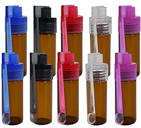 Modixun Lot de 10 mini bouteilles d'épices en poudre avec petite cuillère à l'intérieur, boîte à pilules en verre anti-fuite, outil pour poudre d'épices, couvercles de couleur aléatoire, hauteur 51 mm