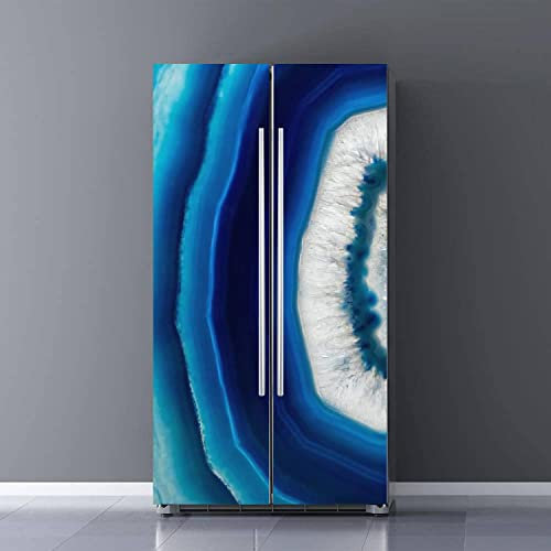 BSPWIRFNZPL Self Adhesive Refrigerator Wrap Decal Slice Blue Agate Crystal Contemporary Door Mural Removable Fridge Sticker Full Door Cover Peel and Stick Modern Chic Kitchen Decor