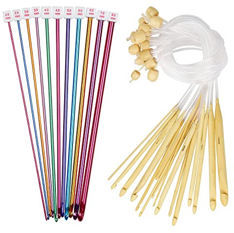 Coopay Tunesische Häkelnadel Set, 23 Stück Afghanische Häkelnadeln für Anfänger, 2-12 mm Bambus Tunesische Häkelnadel mit Seil und Aluminium Tunesische Häkelnadel, Ideal für Teppich, Schal