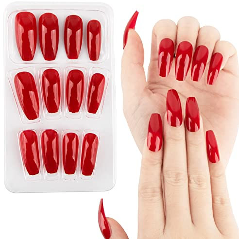 24PCS Faux Ongles Longs Rouges Sticker Nail Art Couverture Complète Avec Autocollant à Ongles Accessoires Bricolage Ongles de Ballerine avec Colle Cadeau Femme Fille Noël (Rouge)