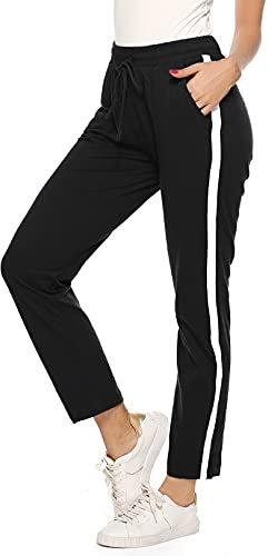 Irdcomps Jogginghose Damen Sporthose Lang Trainingshose Baumwolle High Waist Laufhose Sweathose Weites Bein mit Streifen Schwarz L