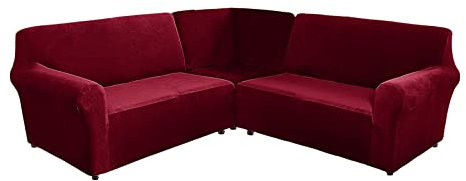 TIUTIU L-Form Sofahusse 5/7-Sitzer Eckcouch Cover, Elastischer Ecksofabezug Mit Anti-rutsch Schaumstoffankern, 3-teilige Dicker Plüsch Samt Schonbezug (Wine Red,5-Sitzer)