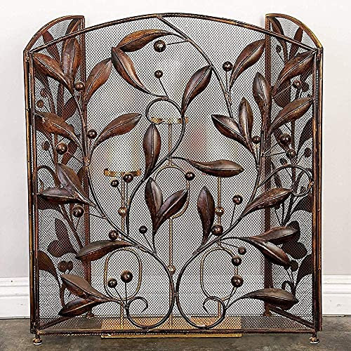 PURRL Kaminschutzgitter 3-teiliger Schmiedeeisen-Feuerschutzgitter mit Netz, babysicherer massiver Bogen-Funkenschutz für Kaminholzverbrennung, Blattdesign (Color : Antique Copper) Little Surprise