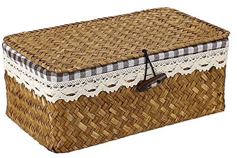 TOLIDA Aufbewahrungskorb aus Weide mit Deckel, dekorative Körbe, Wohnzimmer, rechteckig, Seegras mit herausnehmbarem Futter, Süßigkeitenbasket, Größe S, für Haus, Küche