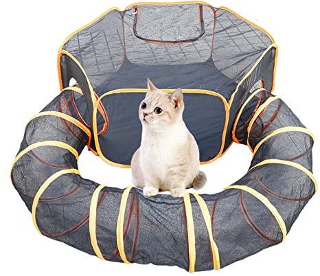 PJDDP Katzenzelt Katzengehege Indoor Outdoor Pet Laufstall mit Fun Surround Tunnel Tragbarer Sonnenschirm, Spielhaus für Katzen und Kleintiere