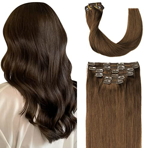 Sindra Clip in Extensions Echthaar Real Human Hair Haarextension Echthaar Braun Haarverlängerung 35cm 6pcs 100g Remy Clip in Hair Extensions Natürlich C#4 14 Zoll