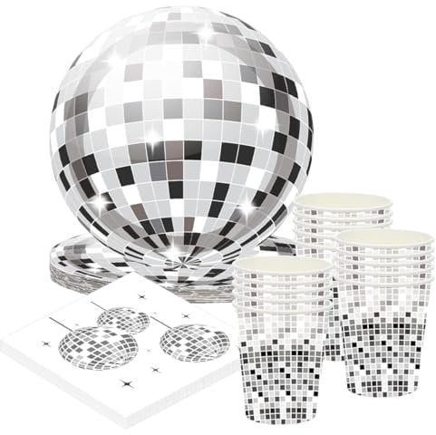PIUMOJ Disco Partygeschirr Set, Disco Party Geschirr, Jahre Disco Geburtstag Party Supplies, Pappteller, Pappbecher, Servietten, 70er 80er 90er Dekoration Geburtstag Partygeschirr, 20 Gäste