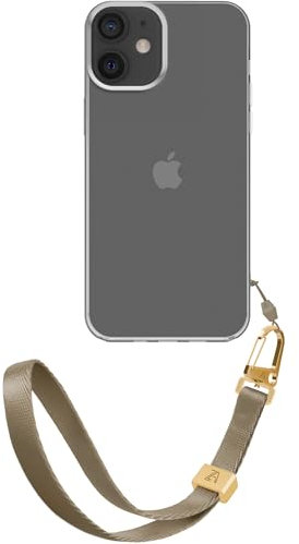 ZhinkArts - Handschlaufe mit Handyhülle kompatibel mit iPhone 12/12 Pro - Handykette zum Umhängen - Band/Schnur abnehmbar - Clear - Taupe - Beige