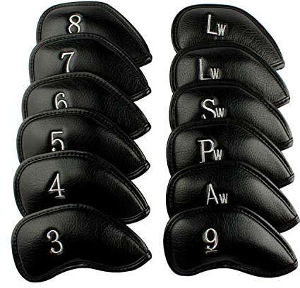 Golf Iron Head Covers Numbers Synthetic Leather Headcover Deluxe Value 12 Pcs Set, Golf Iron Headcovers Protector for Club Mens Protable Fit All Brands (Black)