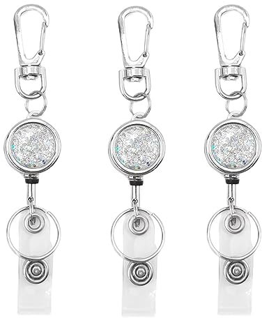 bolimoss Glittery Retractable Badge Reel, ID Name Badge Holder Reels,Cute Metal Badge Reel Card Holder with Key Ring for Office Workers, Nurses, Volunteer, Teachers, Students(3 Pack Silver)