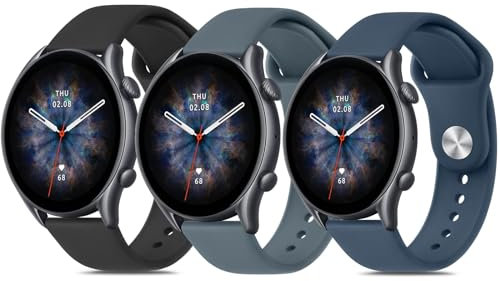 Oumida Cinturino per Amazfit GTR 47mm /GTR 2 /GTR 2e /GTR 3 /GTR 3 Pro/GTR 4, 3 Pezzi 22mm Cinturino Morbido Silicone per Amazfit GTR 47mm , Nero+Blu Scuro+Blu Grigio