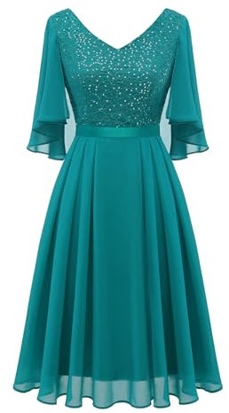Dressystar Cocktailkleid Elegant Abendkleid für Hochzeit Chiffon Cape Overlay V-Ausschnitt Knielang A-Linie Abiballkleider Glitzer Pfauengrün M