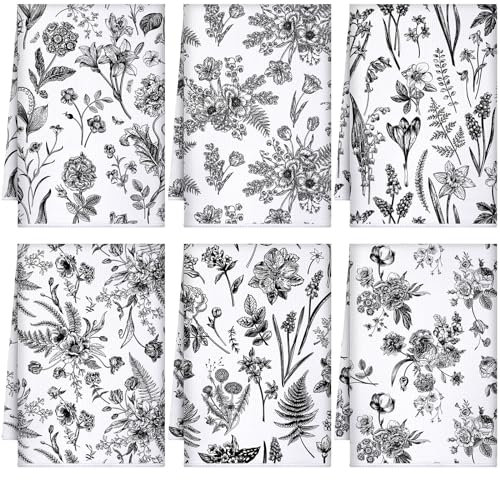 Boyiee Geschirrtücher, Vintage-Stil, Blumenpflanzen, rustikal, saugfähig, 61 x 40,6 cm, für Sommer, Bauernhaus, Küche, Badezimmer, Einweihungsgeschenk, 6 Stück, Schwarz und Weiß