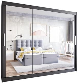 Easy4You LIII 250 cm Schwarz Schiebetüren Kleiderschrank 250x215x58 cm mit Spiegel - Schlafzimmermöbel, Aufbewahrung - Mehrzweckschrank