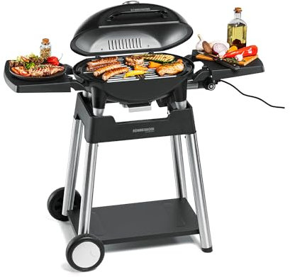ROMMELSBACHER Barbecue Grill BBQ 4100/S, 2 -teiliger Grillrost aus Gusseisen, Scharnierdeckel mit Temperaturanzeige, Temperaturen bis 300 °C, stufenlos regelbar, inklusiv Grillwagen, 2200 W