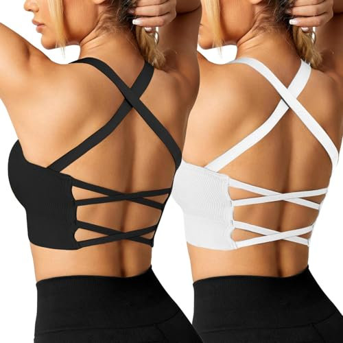 Crewhpo Damen Sport BH Gepolstert Bustier Ohne Bügel Rückenfrei für Frauen Push up Sports Bra Cross Back Mit Polstern Nahtlose Bralette für Yoga Fitness Pilates Gym S-XL