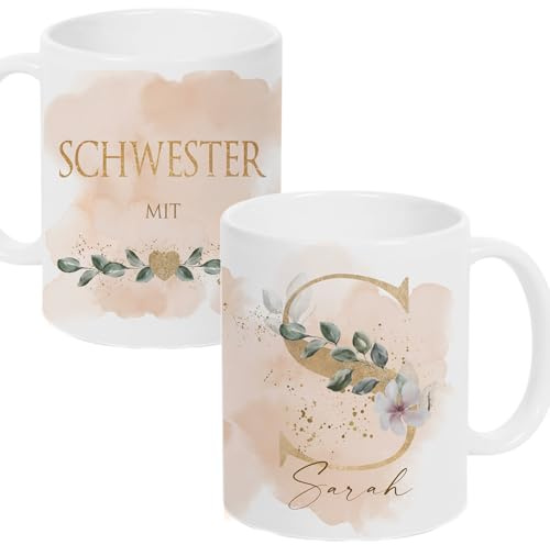 Manufaktur Liebevoll Schwester Geschenk Herz Tasse personalisierte Kaffeetasse Schwesterherz Geburtstag Geburtstagsgeschenk Tasse mit Spruch (Schwester)