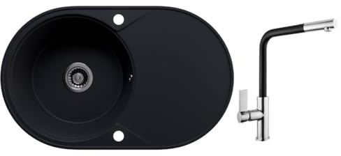 Rein Schwarz LINDBERGH® Antibakterielle Granit Spüle IDE44 Einbauspüle Küchenspüle Spülbecken (6. Spüle IDE44 + Armatur 1-Deco)