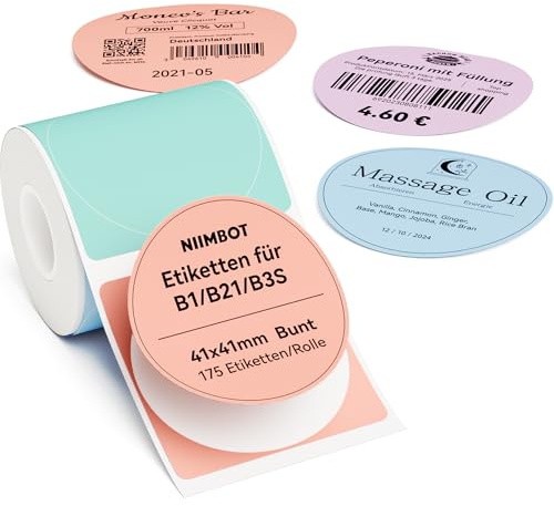 NIIMBOT Etiketten für B1 B1Pro B2 B2Pro B21 B21Pro B31 B3S K3 Etikettendrucker, 41 x 41mm 175 Etiketten pro Rolle, 1 Rollen Rund Selbstklebender Etikettenband für Einzelhandel, Büro, Farbe